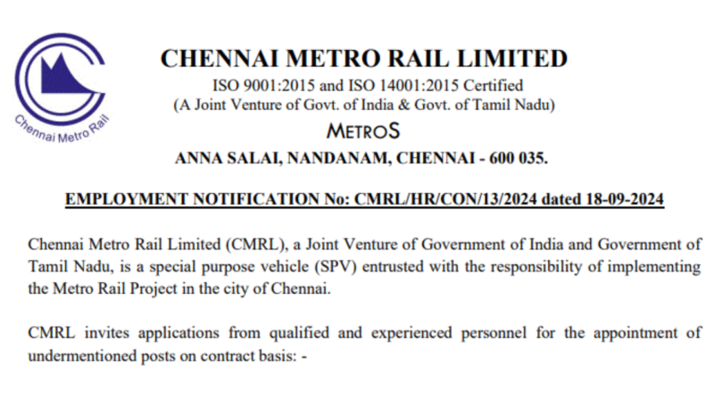 CMRL AGM Recruitment 2024; Apply for Assistant General Manager Posts - Apply Now