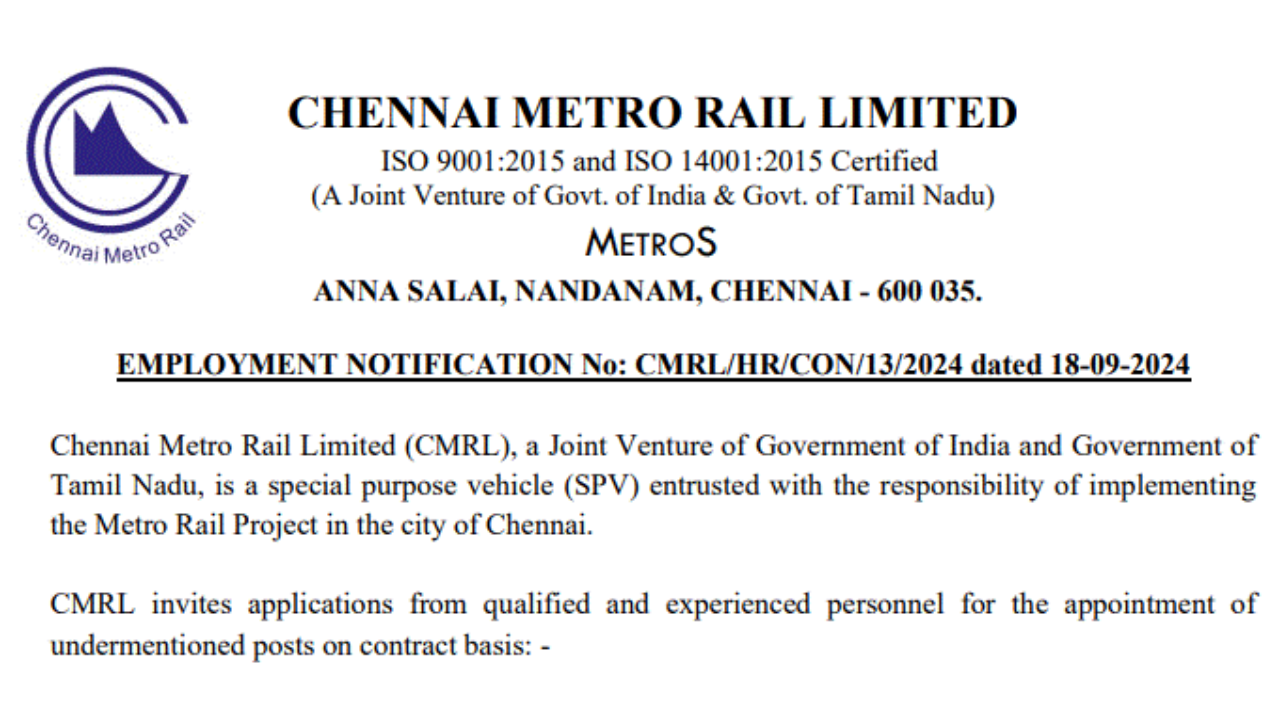 CMRL AGM Recruitment 2024; Apply for Assistant General Manager Posts - Apply Now