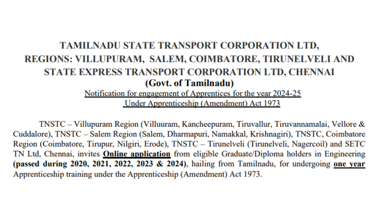 TNSTC Recruitment 2024 ; Apply for 499 Apprentice Posts - Apply Now