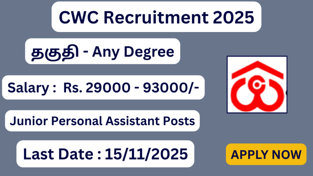 CWC Recruitment 2025 | 22 Junior Personal Assistant Posts | Apply Jobs Now