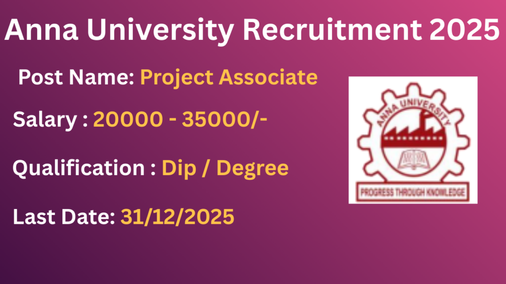 Anna University Recruitment 2025 Apply for 22 Project Assistant Posts