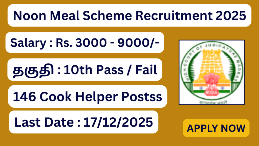 Noon Meal Scheme Recruitment 2025 Apply for 146 Cook Helper Posts