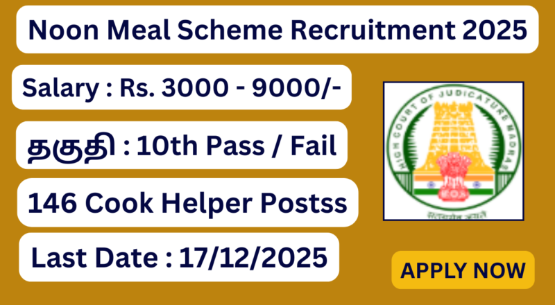 Noon Meal Scheme Recruitment 2025 Apply for 146 Cook Helper Posts