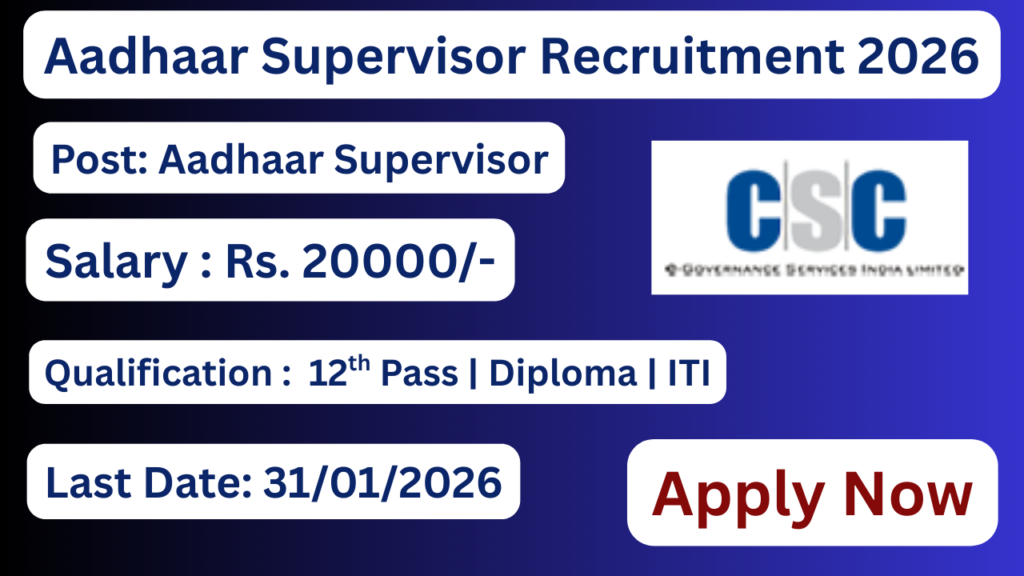 Aadhaar Supervisor Recruitment 2026 Apply for District Wise Contract Posts