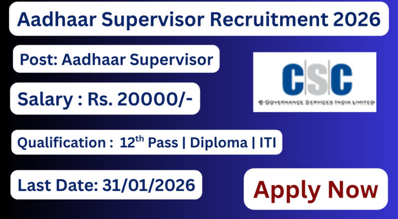 Aadhaar Supervisor Recruitment 2026 Apply for District Wise Contract Posts
