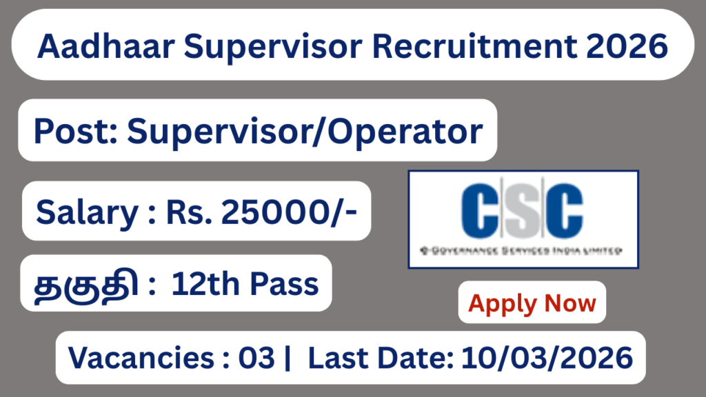 Aadhaar Recruitment 2026 Apply for Supervisor Operator Posts; Apply Now