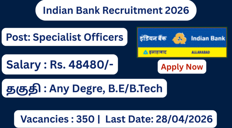 Indian Bank Recruitment 2026 | Apply for 350 Specialist Officers Posts; Apply Now!