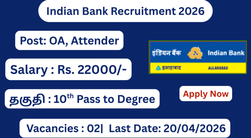 Indian Bank Recruitment 2026 Apply for Office Assistant, Attendant Post; Apply Now!
