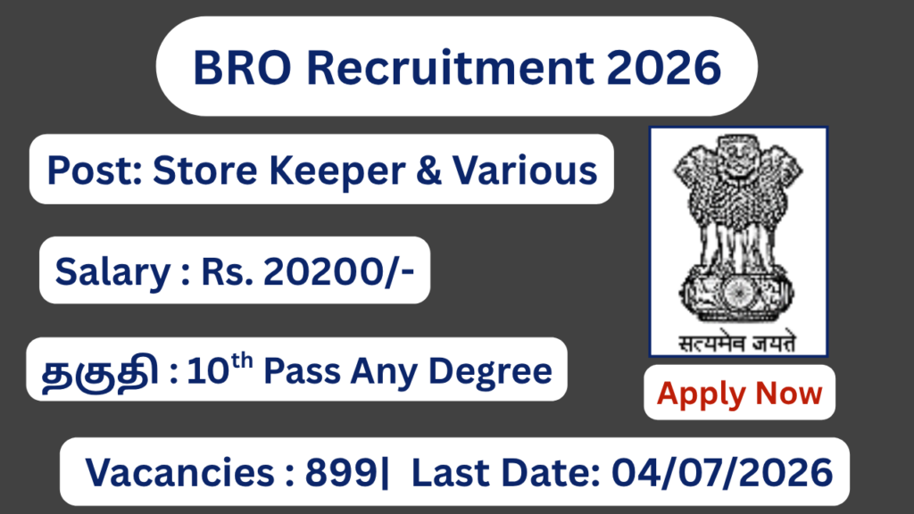 BRO Recruitment 2026 Apply for 899 Store Keeper Technical Posts; Apply Now!
