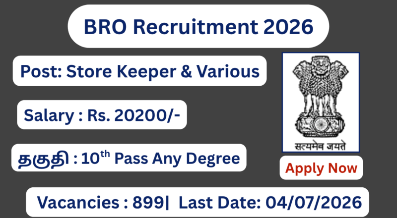 BRO Recruitment 2026 Apply for 899 Store Keeper Technical Posts; Apply Now!