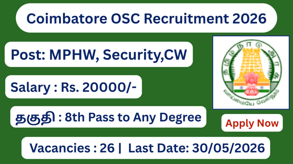 Coimbatore OSC Recruitment 2026 Apply for 26 Multipurpose Helper Posts; Apply Now!
