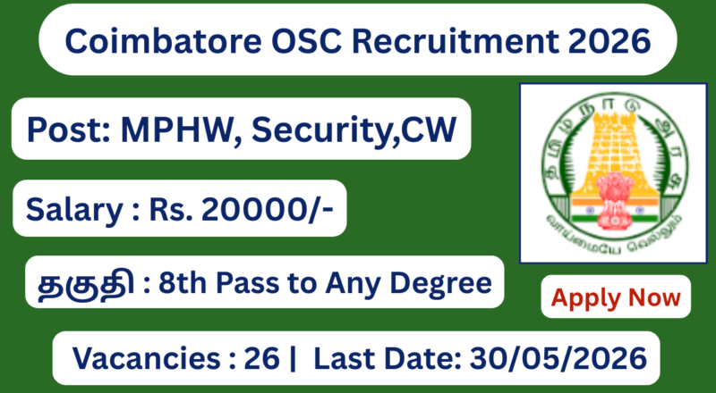 Coimbatore OSC Recruitment 2026 Apply for 26 Multipurpose Helper Posts; Apply Now!