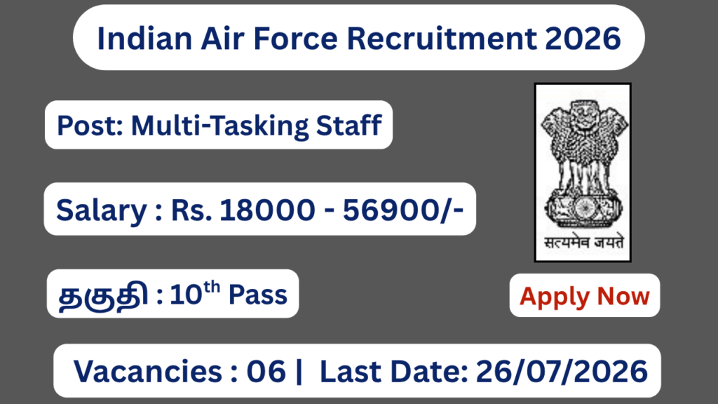 Indian Air Force Recruitment 2026 Apply for 06 MTS Posts; Apply Offline!