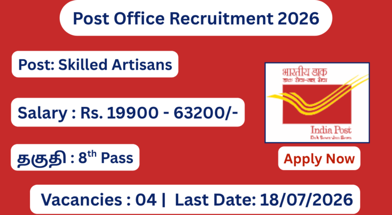 Post Office Recruitment 2026 | Apply for 04 Skilled Artisan Posts; Apply Offline!