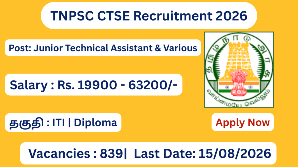 TNPSC CTSE Notification 2026 | Apply for 839 ITI & Diploma Level Posts; Apply Online