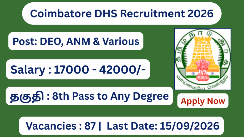 Coimbatore DHS Recruitment 2026 Apply for 87 ANM, DEO Posts; Apply Offline!