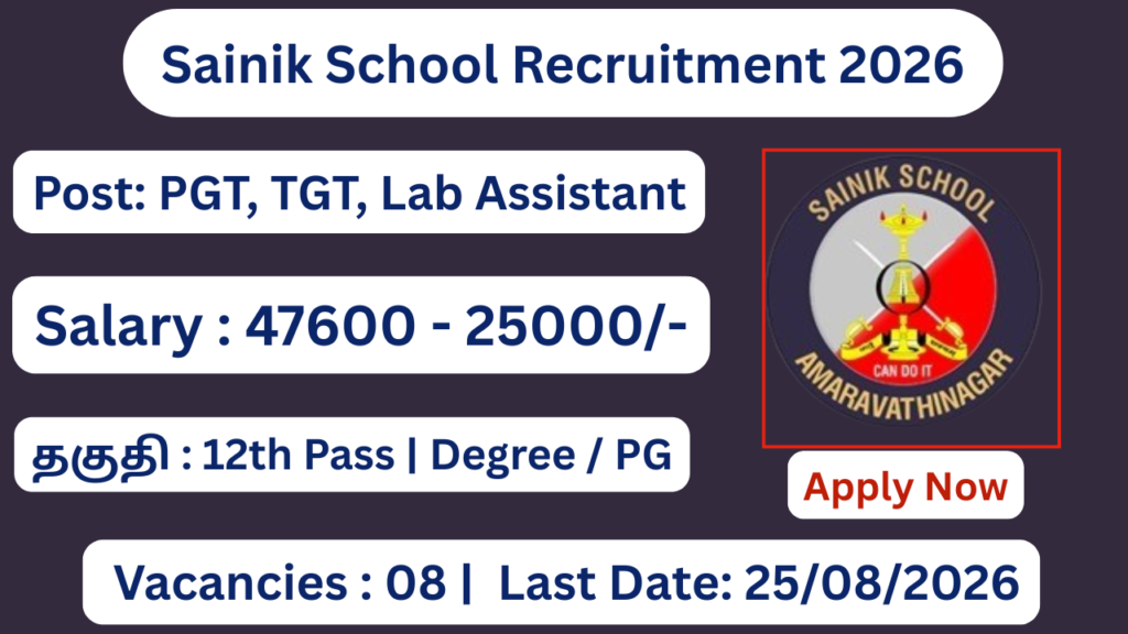 Sainik School Amaravathinagar Recruitment 2026 Apply for 08 Lab Assistant Posts; Apply Online!