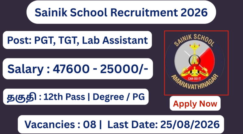 Sainik School Amaravathinagar Recruitment 2026 Apply for 08 Lab Assistant Posts; Apply Online!