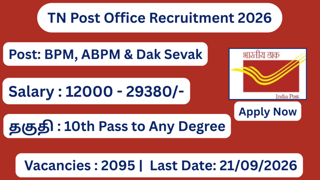 TN Post Office GDS Recruitment 2026 Apply for 2095 BPM, ABPM And Dak Sevak Posts; Apply Online!