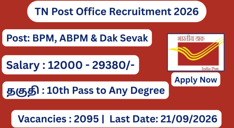 TN Post Office GDS Recruitment 2026 Apply for 2095 BPM, ABPM And Dak Sevak Posts; Apply Online!