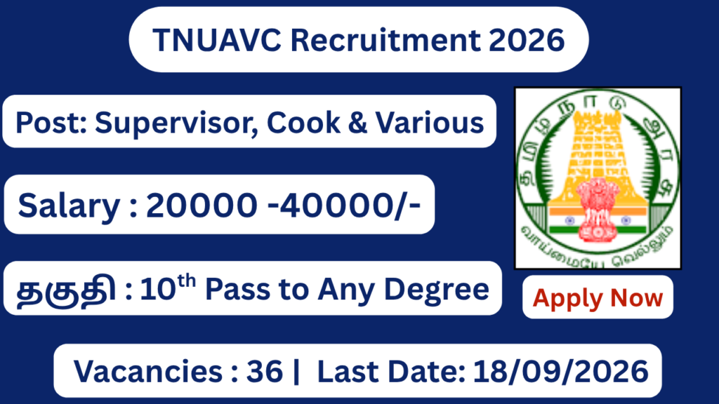 TNUAVC Recruitment 2026 Apply for 36 Cook, Supervisor, Cook Helper Posts; Apply Offline!