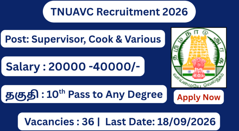 TNUAVC Recruitment 2026 Apply for 36 Cook, Supervisor, Cook Helper Posts; Apply Offline!