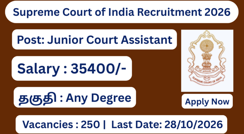 Supreme Court of India Recruitment 2026 Apply for 250 Junior Court Assistant Posts; Apply Now!